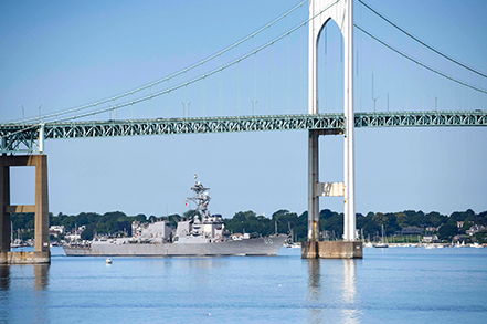 Naval ship under a bridge. Link to Gifts of Cash, Checks, and Credit Cards